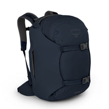 Load image into Gallery viewer, Angled front panel view of a dark blue backpack. 
