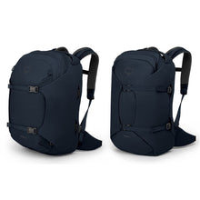 Load image into Gallery viewer, The dark blue backpack with the outer compression straps shown extended and compressed.

