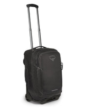 Load image into Gallery viewer, Angled front view of the wheeled carry-on suitcase with the telescopic handle extended.

