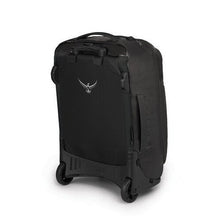 Load image into Gallery viewer, Angled back panel view of the black suitcase with Osprey logo.

