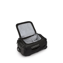 Load image into Gallery viewer, Interior view of the main compartment on the black wheeled duffle bag. 
