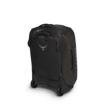 Load image into Gallery viewer, Angled back panel view of the black wheeled duffle bag. 
