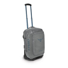 Load image into Gallery viewer, Angled front view of the smoke grey wheeled duffle. 
