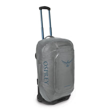 Load image into Gallery viewer, Angled front view of the grey wheeled duffle.
