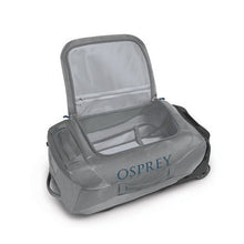 Load image into Gallery viewer, Interior view of the smoke grey wheeled duffle bag. 
