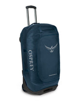 Load image into Gallery viewer, Angled front view of the venturi blue wheeled duffle.
