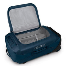Load image into Gallery viewer, Interior view of the venturi blue duffle main compartment. it has gray lining and zipper-closing compartments.
