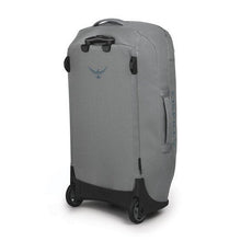 Load image into Gallery viewer, Angled back panel view of the gray wheeled duffle bag.

