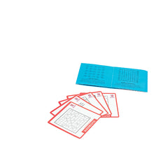 Load image into Gallery viewer, Four cards and a blue booklet arranged on a white background. 
