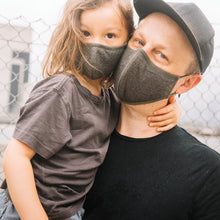 Load image into Gallery viewer, A man carrying a small child. Both are wearing face masks.
