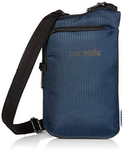Load image into Gallery viewer, Front panel view of the blue crossbody bag with pacsafe logo.

