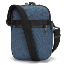 Load image into Gallery viewer, Front panel view of the blue cross body bag with the black strap resting across it.
