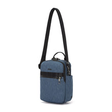Load image into Gallery viewer, Angled front view of the blue cross body bag with the shoulder strap extended
