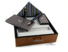 Load image into Gallery viewer, The fountain pen arranged with the presentation box, and contents.
