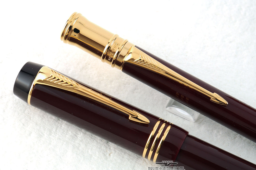 Parker Duofold Burgundy Special Edition Ballpoint & Fountain Pen - Matching Set!