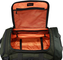 Load image into Gallery viewer, Interior view of the olive green bag with orange interior lining.
