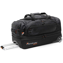 Load image into Gallery viewer, Angled side panel view o the black wheeled duffle bag
