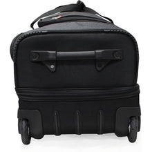 Load image into Gallery viewer, Bottom panel view of the black duffle. it features a grab handle and two wheels.
