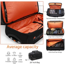 Load image into Gallery viewer, Various angles of the duffle bag with feature descriptions.
