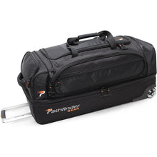 Load image into Gallery viewer, Angled side panel view of the black wheeled duffle bag.
