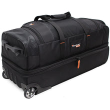 Load image into Gallery viewer, Angled side panel view of the black wheeled duffle bag,

