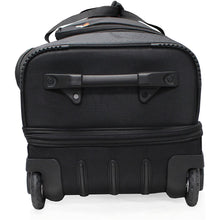 Load image into Gallery viewer, Bottom panel view of the black wheeled duffle bag, featuring two wheels and a grab handle.
