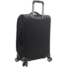 Load image into Gallery viewer, Angled back panel view of the black suitcase with the telescopic handle extended. 
