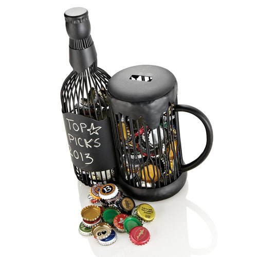 A beer bottle and beer mug shaped caddy filled with bottle caps.