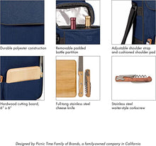 Load image into Gallery viewer, Bag graphic with features: Polyester, removable padding, adjustable straps, 6 by 6 inch cutting board,  cheese knives, waiter-style corkscrew.
