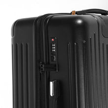 Load image into Gallery viewer, Close up to the black suitcase&#39;s side panel. It features a grab handle and a TSA approved three-digit combo lock. 
