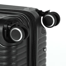 Load image into Gallery viewer, Close up to two wheels on the black suitcase.
