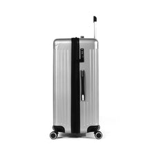 Load image into Gallery viewer, Side panel view of the silver suitcase with the telescopic handle partly extended. It features a grab handle, and a TSA approved three-digit combination lock 
