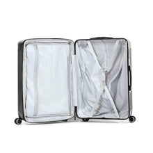 Load image into Gallery viewer, Interior view of the silver suitcase. The left panel has a zipper-closing divider with a pocket. The right side has a set of adjustable straps to hold your contents. 
