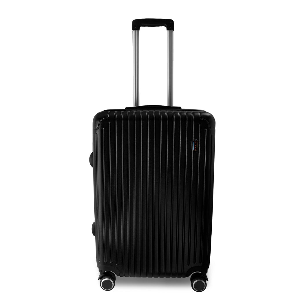 Front panel view of the black suitcase with the telescopic handle extended. 