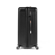 Load image into Gallery viewer, Side panel view of the black suitcase. It features a grab handle and a TSA approved three-digit combo lock. 
