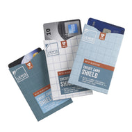 Three credit cards inside the RFID sleeves on a white background. 