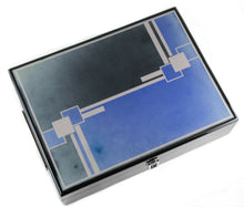 Load image into Gallery viewer, Art Deco styled wooden poker set box in blue and black with geometric patterns.
