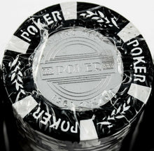 Load image into Gallery viewer, Close up to a sealed stack of black poker chips.
