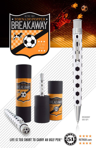 Poster Graphic for the Tornado Popper Breakaway Pen featuring a goalie stopping a ball, the badge logos, the pen, and packaging. 