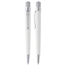 Load image into Gallery viewer, Front and side views of the Retro 51 White rollerball pen with chrome trims. 
