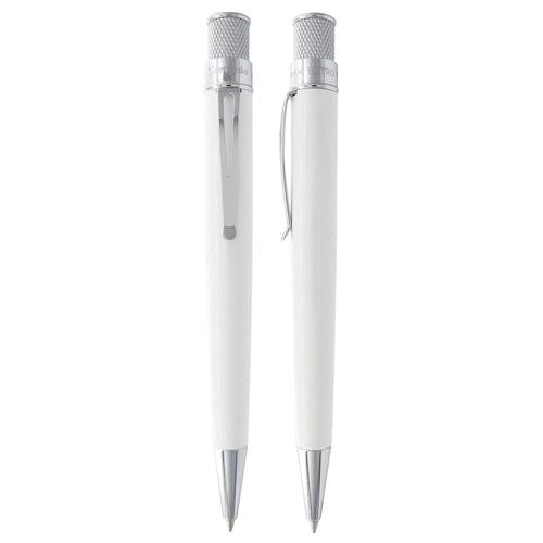 Front and side views of the Retro 51 White rollerball pen with chrome trims. 