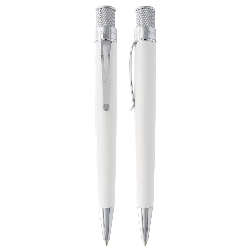 Front and side views of the Retro 51 White rollerball pen with chrome trims. 