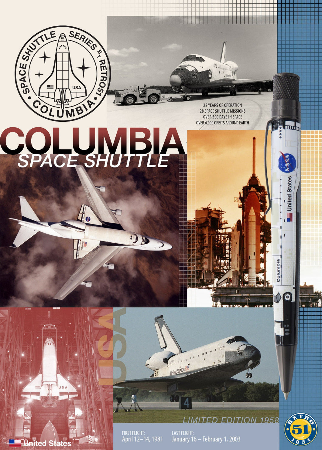 Poster graphic for the Columbia Space Shuttle featuring different shots of the shuttle and a side view of the pen with the Retro 51 logo. 