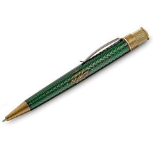 Load image into Gallery viewer, Side view of the green textured pen with engraving and brass accents
