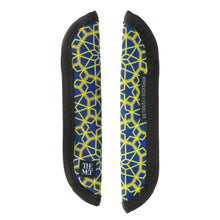 Load image into Gallery viewer, Front and back view of the single pen sleeve with blue and yellow geometric star design.
