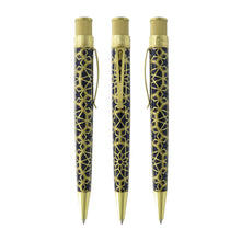 Load image into Gallery viewer, Front and side views of the blue and yellow Geometric pen. 
