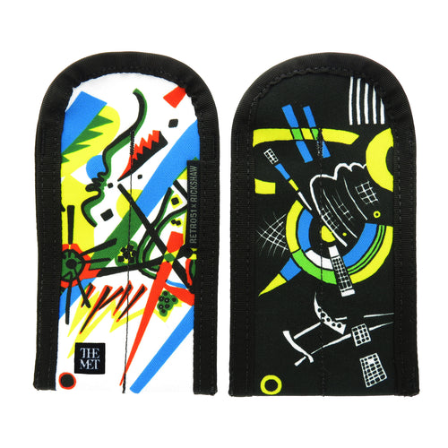 The front and back panel designs of the Kandinsky pen double pen sleeve designs, one with a white background, another with a black background.