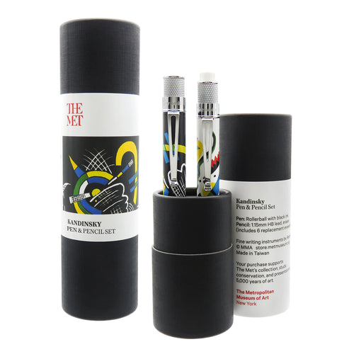 The Kandinsky pen and pencil set arranged with two gift tubes.
