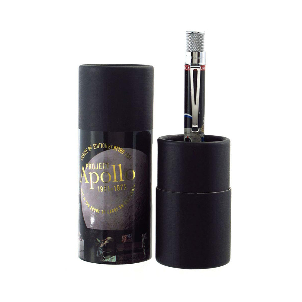 The Apollo rollerball pen arranged with the presentation gift tube on a white background. 