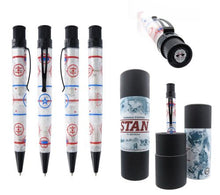 Load image into Gallery viewer, The pen arranged with two matching gift tubes. A front, back, side and top disk view of the pen
